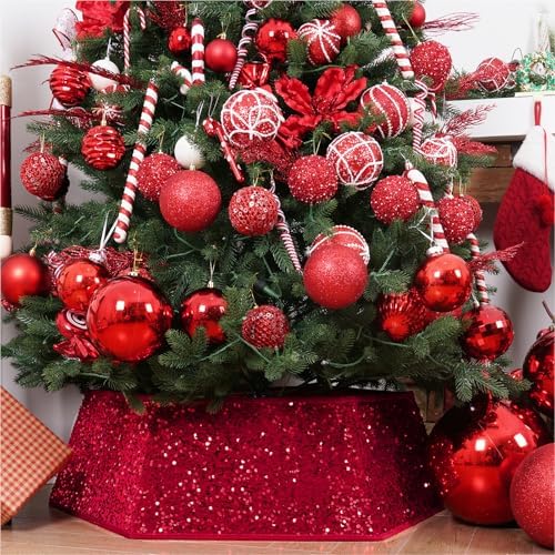 Red Christmas Tree Collars for Atificial Trees, 33.5 Inch Sparkling Sequins Christmas Skirt, Base Cover,Holiday Home Decor Ring(Large) by SunshineDecor