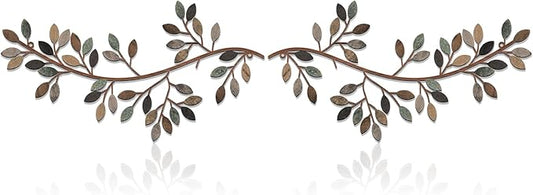Hotop 2 Pieces Metal Tree Leaf Wall Decor Vine Olive Branch Leaf Wall Art Wrought Iron Scroll Sculptures Above the Bed, Living Room, Outdoor Decoration(Classic Style,Classic Color)