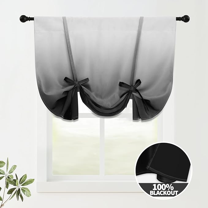 COSVIYA 100% Blackout Ombre Black Adjustable Tie Up Curtains for Kitchen Thermal Insulated Room Darkening Valance Rod Pocket Balloon Roman Shade for Small Window,48" L x 34" W, 1 Panel