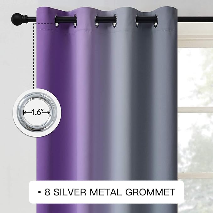 COSVIYA Grommet Ombre Room Darkening Curtains 63 inches Length for Kids/Girls Bedroom, Polyester Light Blocking Purple and Grey Gradient Window Drapes/Curtains for Living Room,2 Panels, 52x63 inches