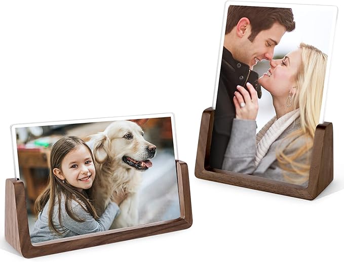 Mixoo 6x8 Picture Frame 2 Pack - Rustic Wooden Photo Frames with Walnut Wood Base and High Definition Break Free Acrylic Glass Covers for Desk or Tabletop Display (6×8 inch, Horizontal + Vertical)