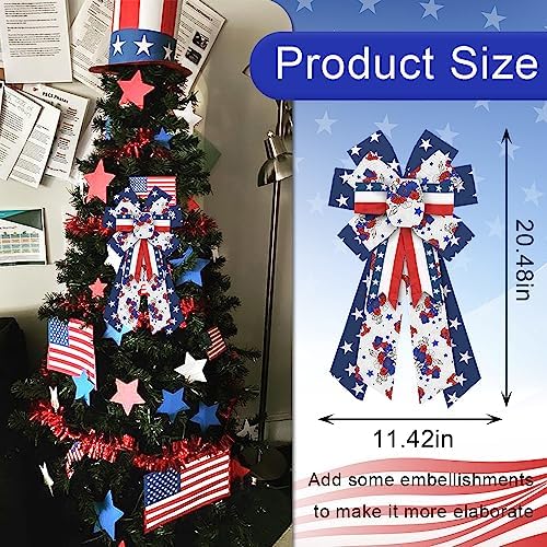 Heureppy Large Patriotic Wreath Bow Labor Day Decor Bow for Wreath Blue White Red Star Burlap Veterans Day Bow for Veterans Day Labor Day Front Door Indoor Outdoor Tree Topper Decoration Supplies - Image 2