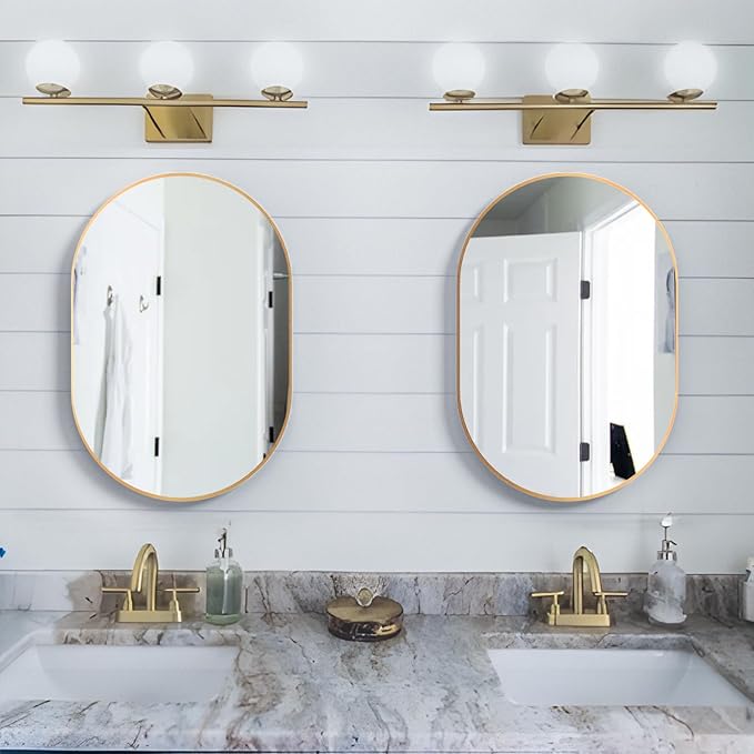 Oval Bathroom Mirror Capsule Wall Vanity Mirror, 2 Pieces 20"x30" Pill Mirrors Wall Mounted Mirror, Large Modern Mirror with Gold Metal Frame, Decor for Entryway, Bedroom, Living Room
