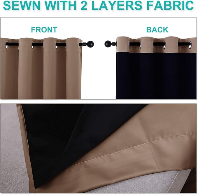 NICETOWN 100% Blackout Curtains Thermal, Noise Reduction and Privacy Curtains for Patio Door, Black Lined Blackout Drapes with Grommet Top, Cappuccino, 1 Pair, W52 x L102