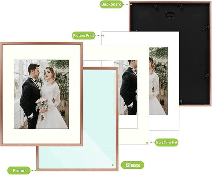 Golden State Art, Picture Frame Set 7 Pack, Gallery Wall Frame with One 11x14, Two 8x10, and Four 5x7. Aluminum Photos Frame for Wall or Tabletop Display (Style 1, Rose Gold, 7 Pack)