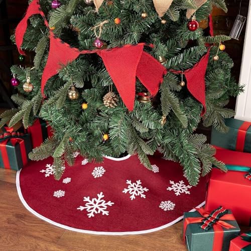 24 Inch Red Burlap Christmas Tree Skirt with White Snowflakes - Image 2