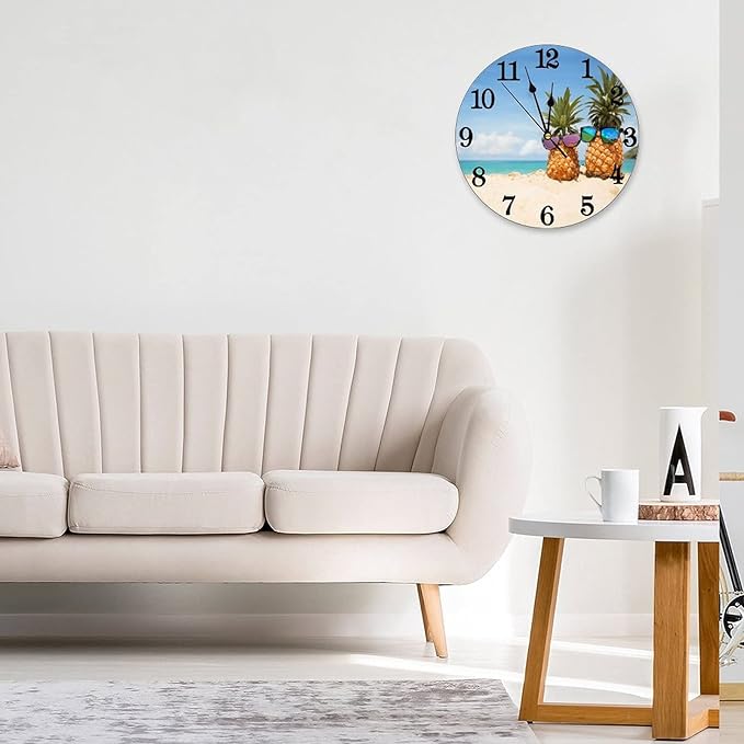 Funny Pineapple Wall Clock Battery Operated Silent Non Ticking Round Clock Summer Beach Theme Wall Decor for Home Kitchen Living Room 9.8 Inch