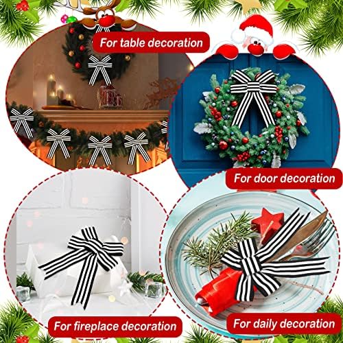 12 Pieces Christmas Black White Stripe Tree Topper Bows Christmas Burlap Bows Halloween Wreath Bow Craft for Tree Gift Wrapping Wall Home Front Door Decor - Image 6