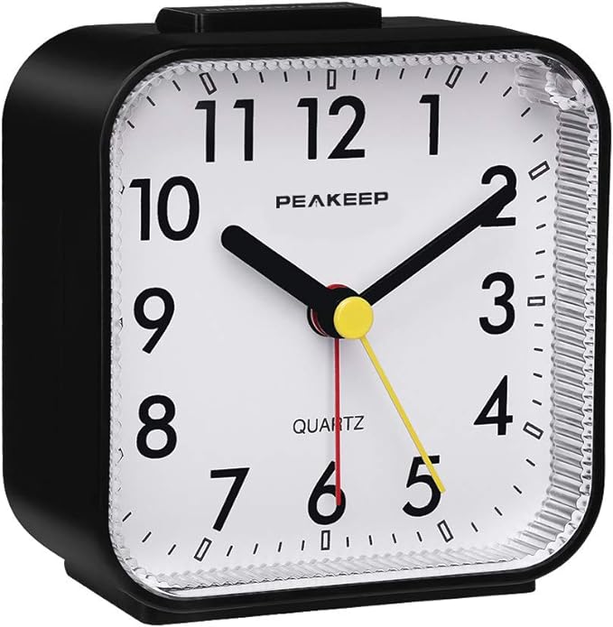 Peakeep Small Battery Operated Analog Travel Alarm Clock Silent | No Ticking, Lighted on Demand and Snooze, Beep Sounds, Gentle Wake, Ascending Alarm, Easy Set (Black) - Image 2