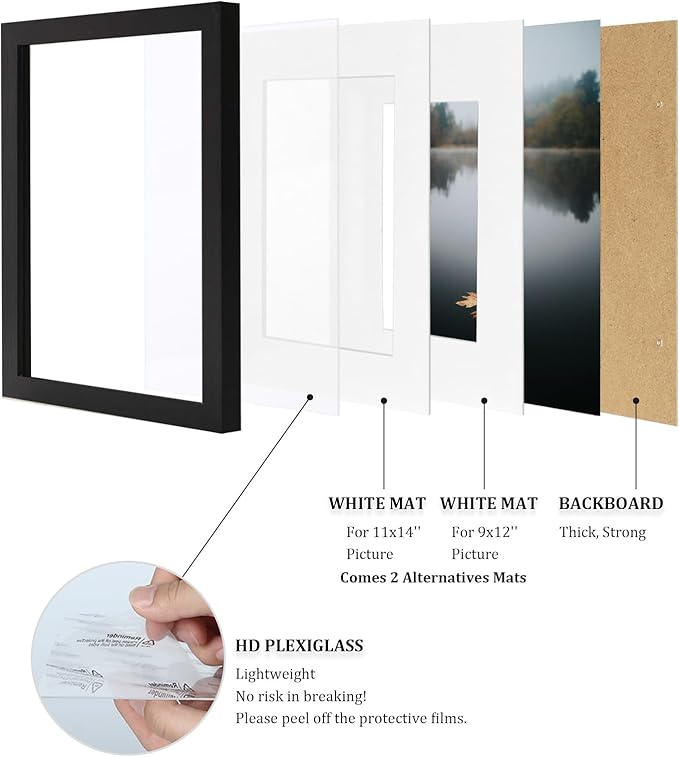 Egofine 12x16 Picture Frames Black Set of 2, Solid Wood Frames Covered by plexiglass, Display photos 9x12/11x14 with Mat or 12x16 without mat, for Wall Mounting