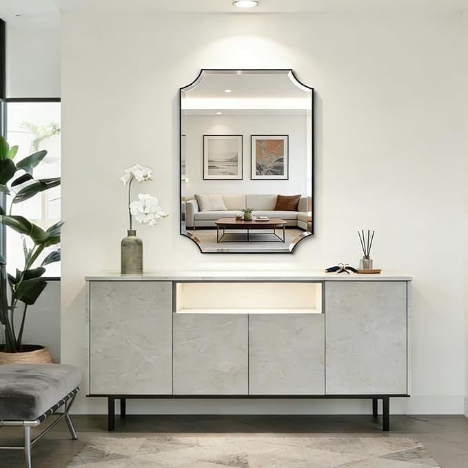 POZINO Rectangle Beveled Mirror, 22"x30" Bathroom Vanity Mirror with Stainless Steel Frame, Modern Aesthetic Scalloped Edge Wall Mirrors for Bedroom Hallway Entryway, Horizontal or Vertical Hanging