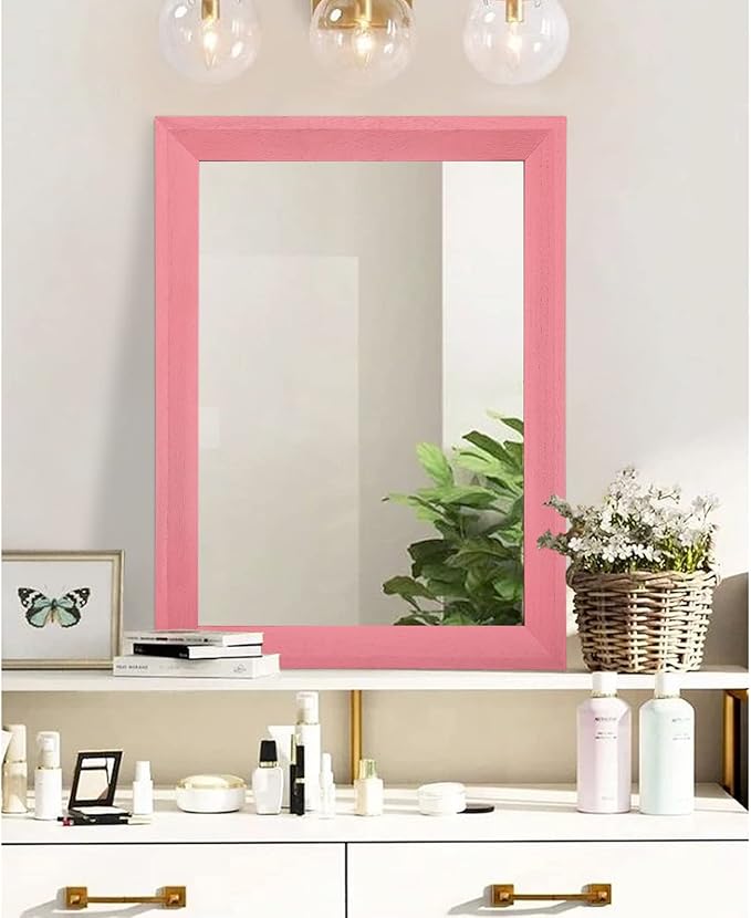 AAZZKANG Rectangle Mirror with Wood Frame Modern Farmhouse Wall Mirrors Decor Large 26"x18" for Bedroom Bathroom Living Room Pink