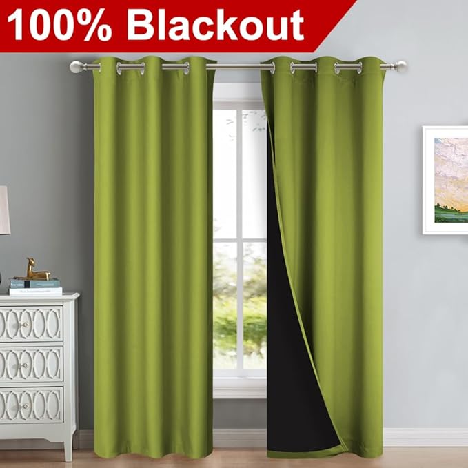 NICETOWN Fresh Green Full Shade Curtain Panels, 37" Wide x 84" Long, Pair of Thermal Insulated & Energy Efficiency Blackout Drapes for Living Room Windows, Lined Silky Performance Window Dressing
