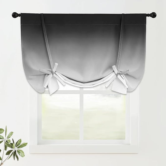 COSVIYA 100% Blackout Ombre Black Adjustable Tie Up Curtains for Kitchen Thermal Insulated Room Darkening Valance Rod Pocket Balloon Roman Shade for Small Window,48" L x 42" W, 1 Panel