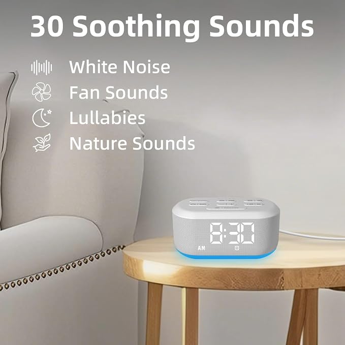 White Noise Alarm Clock Sound Machine for Bedroom Small Brown Noise Machine with 30 Soothing Sound Plug in Bedside Clock with NightLight Battery Backup 15 Wake up Sound Clock for Kids Heavy Sleeper - Image 5
