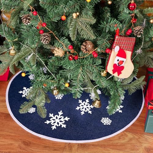 48 Inch Burlap Christmas Tree Skirt with White Snowflakes, Dark Blue - Image 5