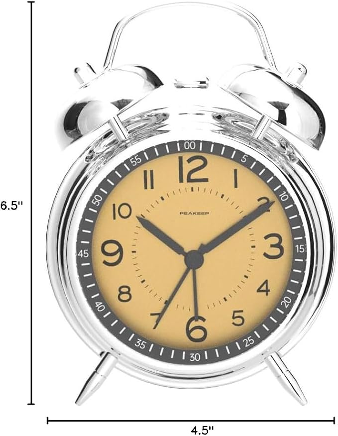 Peakeep Loud Alarm Clock for Heavy Sleepers Adults, Metal 4.5 Inches | Twin Bell Battery Operated Analog Alarm Clocks for Bedrooms Kids' Room Decoration (Golden) - Image 7