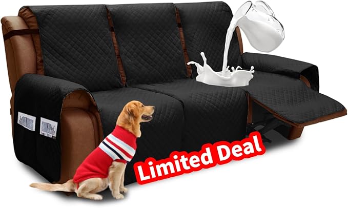 XINEAGE Water Resistant Recliner Cover, 3 Seat Sofa Covers with Pockets, Quilted Thick Protector Cover for Dog Pets with Non Slip Backing and Strap (Black)