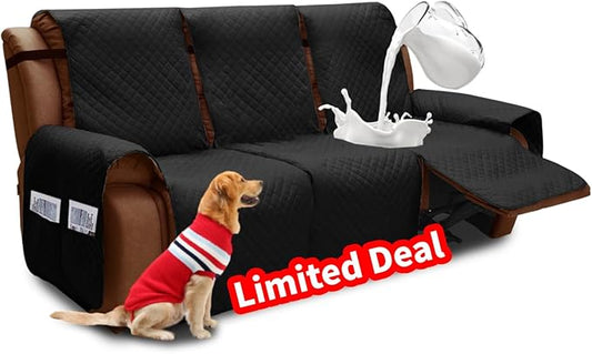 XINEAGE Water Resistant Recliner Cover, 3 Seat Sofa Covers with Pockets, Quilted Thick Protector Cover for Dog Pets with Non Slip Backing and Strap (Black)