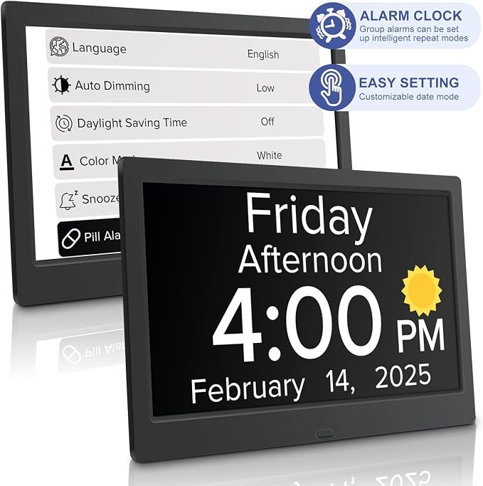 10.1 Inch Digital Alarm Clock with Date and Day of Week for Dementia Seniors, Clear Large Screen, Multiple Alarm Sets, Auto DST, Designed Specifically for Elderly - Black - Image 2