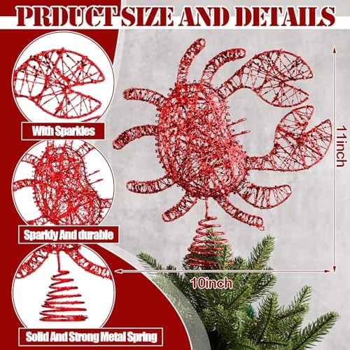 JellyArch Crab Christmas Trees Topper Coastal Christmas Tree Decoration 10in Glittered Red Crab Decoration Large Rattan Nautical Tree Topper for Xmas Home Beach Indoor Holiday Winter Gifts - Image 2