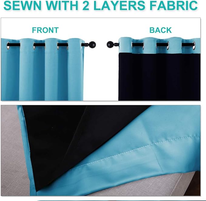 NICETOWN 100% Blackout Short Curtains with Black Liners, 2 Panels, 37" W by 50" L, Teal Blue, Solid Thermal Insulated Full Blackout 2-Layer Lined Drapes, Energy Efficiency Window Draperies for Bedroom