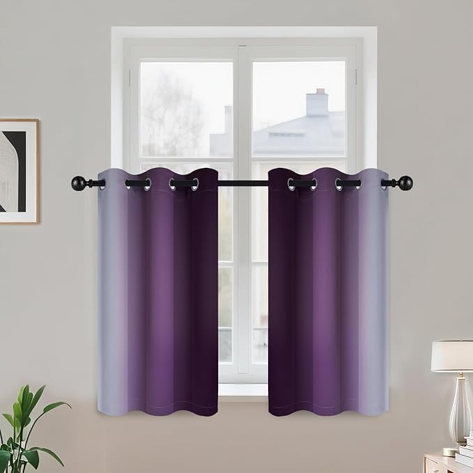 COSVIYA Grommet Ombre Room Darkening Curtains 36 inch Length, Purple and Greyish White Gradient Drapes Light Blocking Insulated Thermal Window Curtains for Bedroom/Living Room,2 Panels,42x36 inches