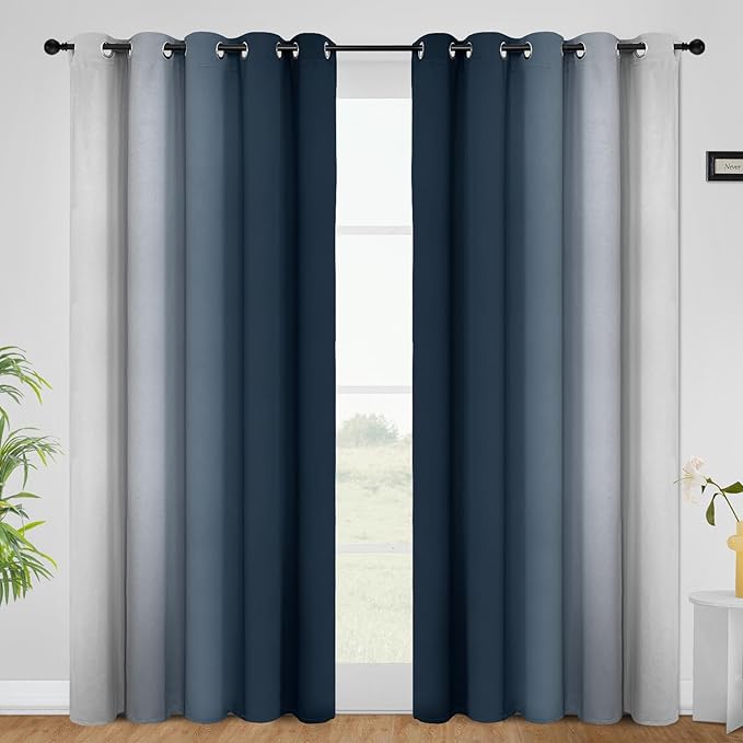 COSVIYA Curtains & Drapes Ombre Navy Blue Curtains 96 inch Length 2 Panels, Grommet Room Darkening Light Blocking Insulated Thermal Gradient Window Curtains for Bedroom/Living Room,62x96 inches