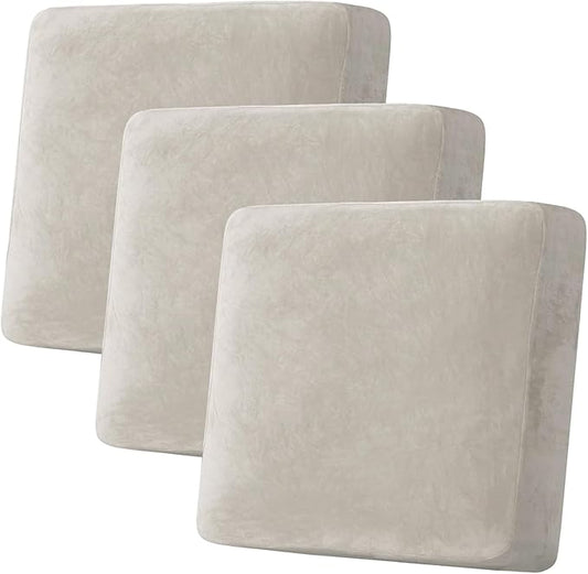 H.VERSAILTEX Velvet Stretch Couch Cushion Cover Plush Cushion Slipcover for Chair Loveseat Sofa Cushion Furniture Protector Seat Cushion Sofa Cover (3 Piece XL Sofa Cushion Covers, Oatmeal)