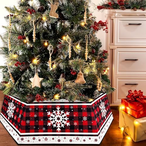 Christmas Tree Collar, Red Christmas Tree Collar, Buffalo Plaid Christmas Trees Skirt, Square Christmas Trees Ring, Foldable Hexagon Xmas Tree Skirt, Snowflake Decor for Holiday Party Home, 31 inch - Image 4