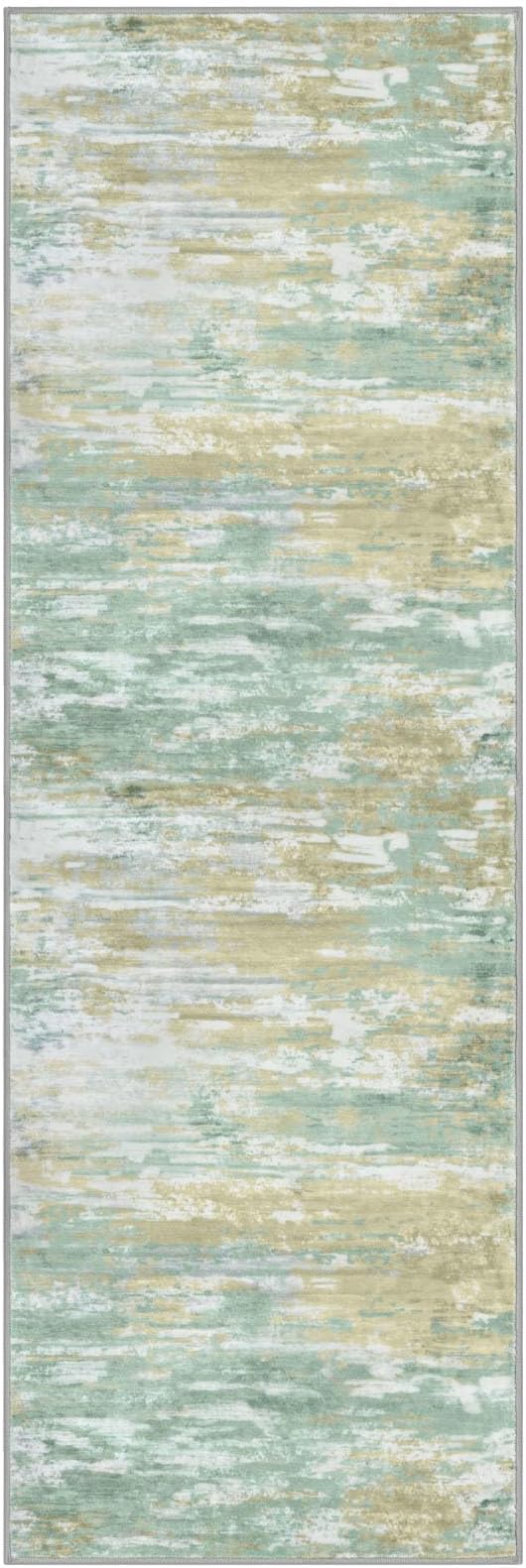 KOZYFLY Modern Abstract Runner Rugs 2x6 Light Green Yellow Machine Washable Area Rug for Bedroom Non-Slip Living Room Rug, Faux Wool Soft Low Pile Office Carpet for Bedroom, Kitchen Bathroom