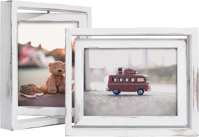 Egofine 2 Pack 6x8 Rotating Floating Picture Frames,Double-Sided Display with HD Glass Front Wooden Distressed Frame for Vertical or Horizontal Tabletop Display, White
