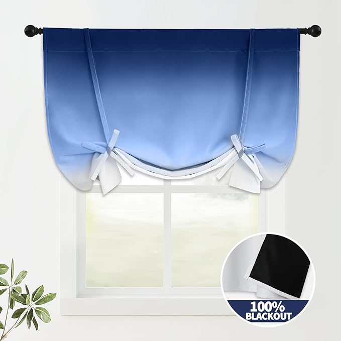 COSVIYA 100% Blackout Ombre Blue Adjustable Tie Up Curtains for Kitchen Thermal Insulated Room Darkening Valance Rod Pocket Balloon Roman Shade for Small Window,48" L x 42" W, 1 Panel