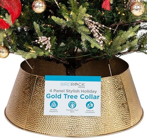 BIRDROCK HOME 4-Panel Hammered Metal Christmas Tree Collar - Stylish Holiday Tree Skirt Alternative - Durable Iron Construction Base Cover - Protects Tree Base from Pets - Easy Assembly - Gold by BIRDROCKHOME
