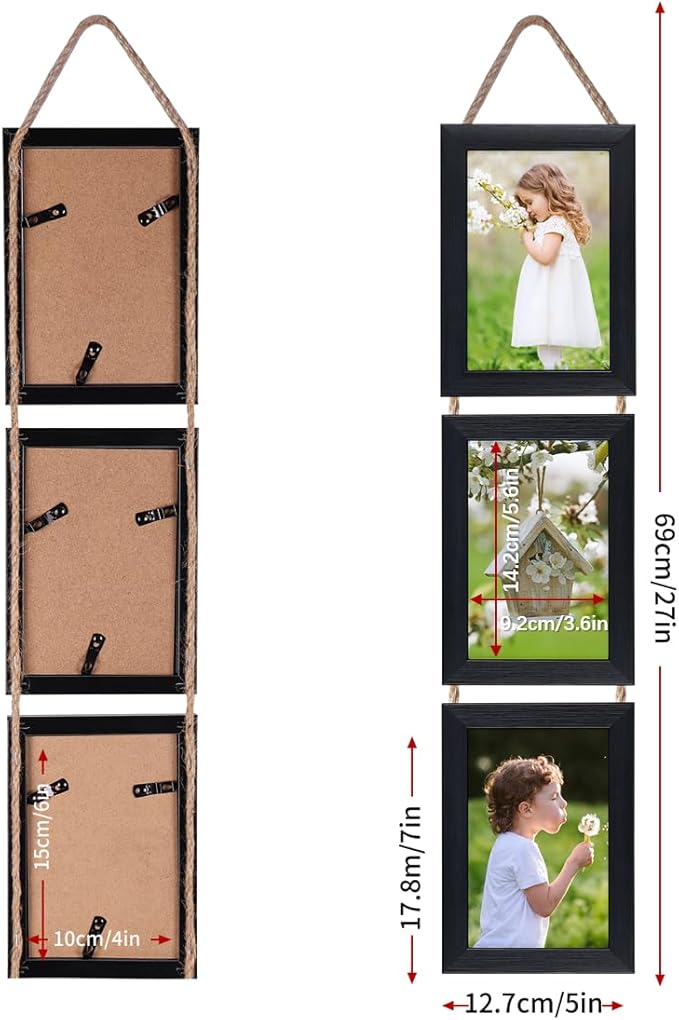 Lavezee 4x6 Picture Frames Collage Black, 3 Opening 4 x 6 Hanging Picture Frames Vertical for 4 by 6 Inch Photos for Wall Decor
