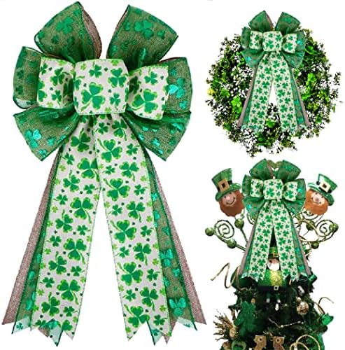 St Patricks Day Bow for Wreath Decorations,St Patricks Day Tree Topper Bows,Large Burlap White Green Glitter Shamrock Bowknot Irish Holiday Crafts Bows for Front Door Outdoor Outside by brand