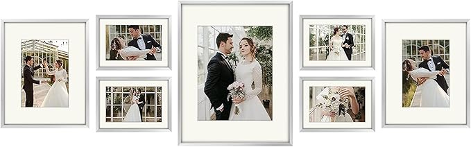 Golden State Art, Picture Frame Set 7 Pack, Gallery Wall Frame with One 11x14, Two 8x10, and Four 5x7. Aluminum Photos Frame for Wall or Tabletop Display (Style 1, Silver, 7 Pack)