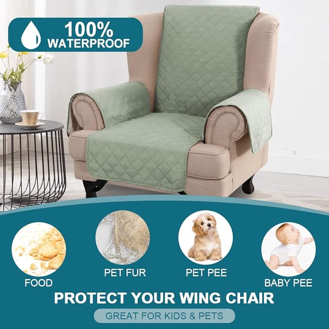 Turquoize 100% Waterproof Wing Chair Cover Wing Armchair Slipcovers Chair Couch Protector Triple Non-Slip Sofa Slipcover for Wing Chair Furniture Protector for Pets, Kids,Dog (Wing Chair, Sage)