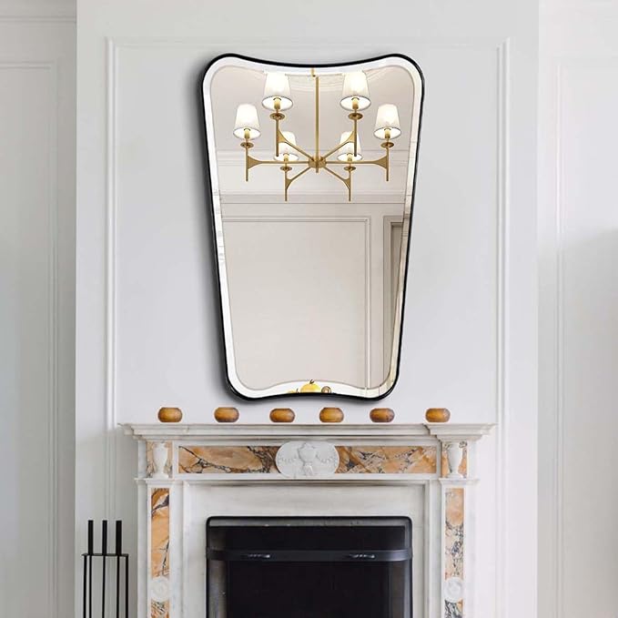 POZINO Irregular Beveled Mirror, 24"x40" Bathroom Vanity Mirrors for Over Sink, Butterfly Shape Aesthetic Mirrors Decorative, Matte Black Modern Wall Mirror for Living Room Bedroom Fireplace Entryway
