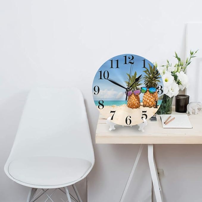 Funny Pineapples on sea Beach Wall Clock Battery Operated Silent Round Clock Wall Decor for Home Office School, 12 Inch