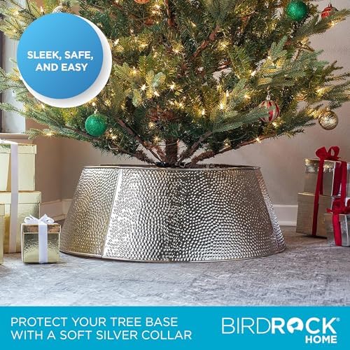 BIRDROCK HOME 4-Panel Christmas Tree Collar - Metal Holiday Skirt Decor - Water Base Protection from Pets (Silver - Hammered) - Image 4