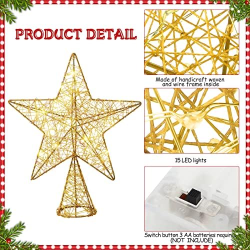 10 Inch Christmas Star Tree Topper Lighted Pentagram Tree Topper Xmas Tree Topper with Warm LED Lights for Christmas Tree Decorations(Gold) - Image 3