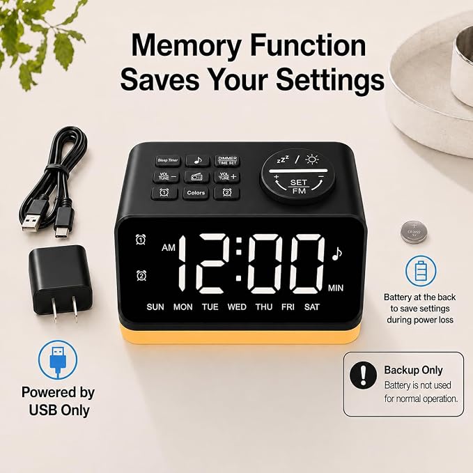 JALL Digital Alarm Clock with FM Radio for Bedroom, 8 Colors Night Light with 2 Charging Port, Sleep Sound Machines with Timer, Dual Alarm, Loud Alarm and Easy to Use for Seniors as Gift - Image 4