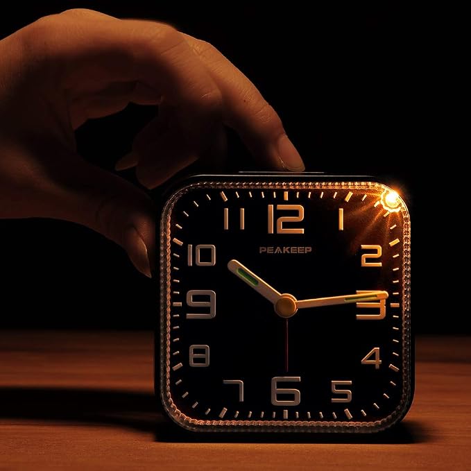 Peakeep 3D Numbers No Tick-Tock Analog Alarm Clock Classic Beep Sound | Snooze, Manual Light and Battery Powered Small for Travel (Black-3D) - Image 6