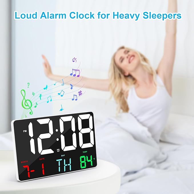 Amgico Digital Alarm Clock with Snooze, Temperature, Auto Dimming, 11.5" Large Display Calendar, Desk/Wall Clock for Bedroom, Living Room, Office, Home, Classroom, Kids, Elderly - Colorful