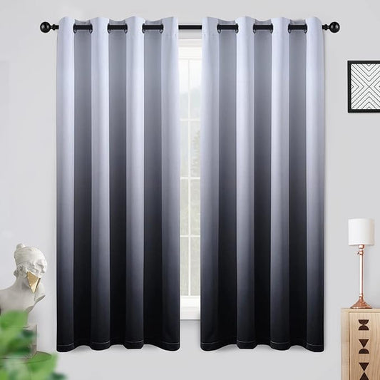 COSVIYA Grommet Ombre Room Darkening Curtains 63 inch Length 2 Panels, Gradient Drapes Black and Grayish White Light Blocking Insulated Thermal Window Curtains for Bedroom/Living Room,52x63 inches