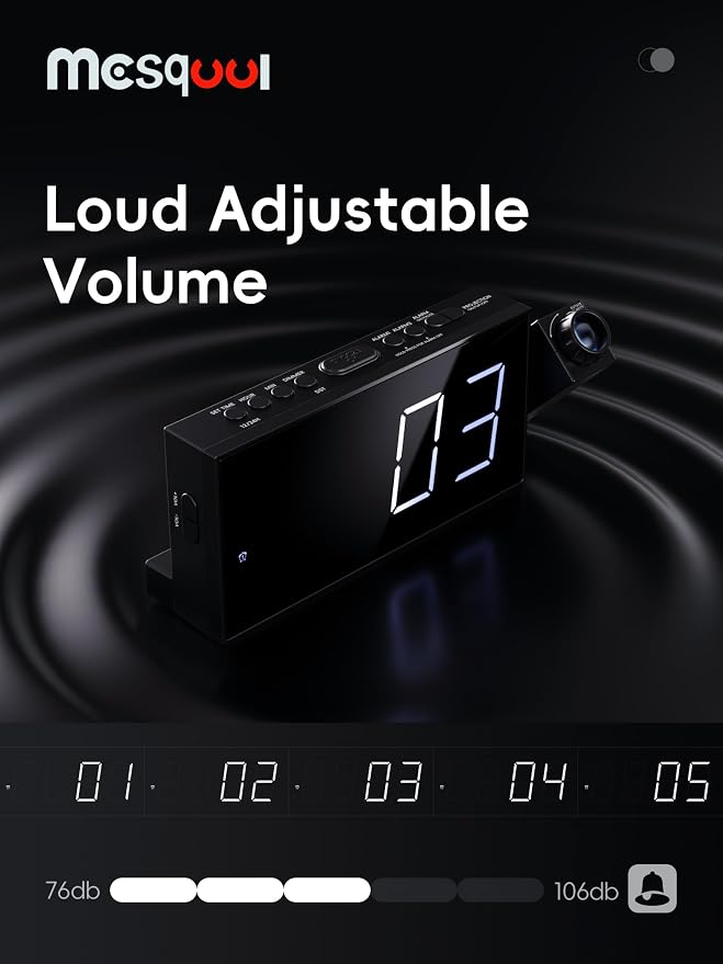 Mesqool Projection Alarm Clock with Loud Bed Shaker, Dual Alarms | 5-level Dimmer, USB charger, Snooze & DST, Loud Vibrating Alarm with Battery Backup, Perfect for Heavy Sleepers - Image 6