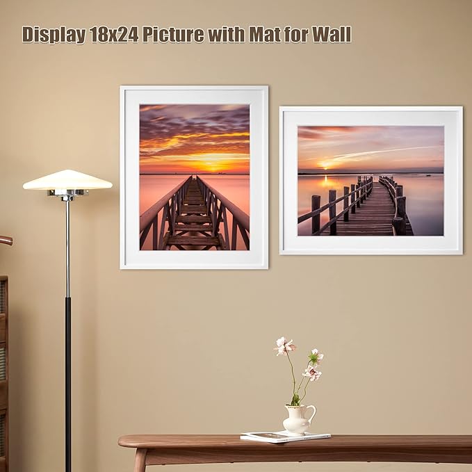 Egofine 22x28 Solid Wood Poster Frames Matted for 18x24 Set of 2 White - with Acrylic Plexiglass Front, Hanging Picture Frames Vertically or Horizontally