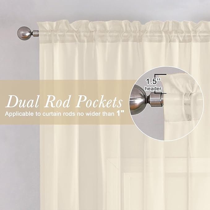 Lecloud Cream Sheer Curtains 96 Inches Long 2 Panels, Elegant Light Filtering Voile Breathable Curtains, Gauzy Window Decor with Top Dual Rod Pocket for Living Room Bedroom, Each 42" W x 96" L
