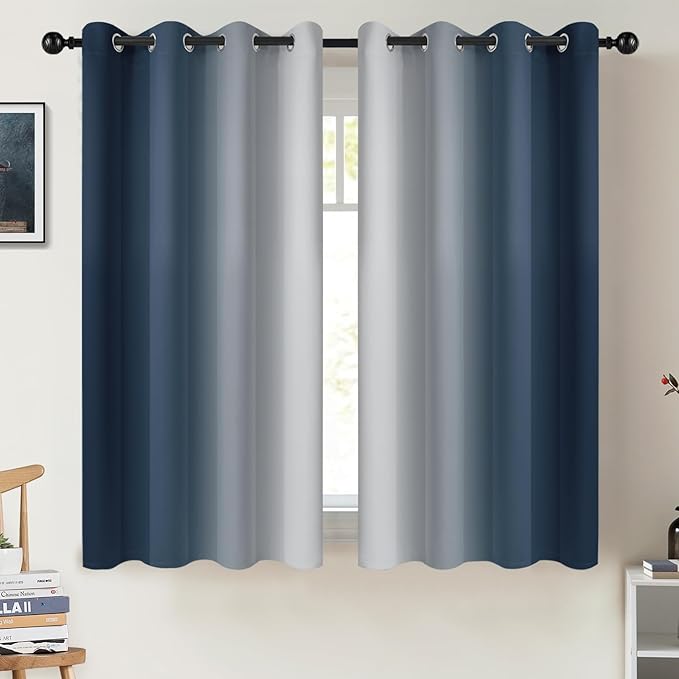 COSVIYA Curtains & Drapes Ombre Navy Blue Curtains 54 inch Length 2 Panels, Grommet Room Darkening Light Blocking Insulated Thermal Gradient Window Curtains for Bedroom/Living Room,52x54 inches